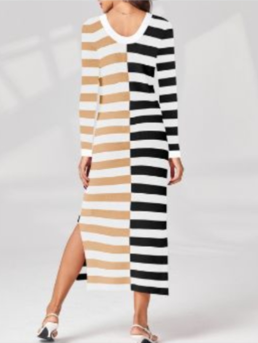 Wenrine Striped Long Sleeve Maxi Dress in Beige & Black